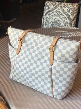 Pre-loved Louis Vuitton Damier Azur Checkered Tote with Tan Leather Straps